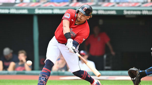 Jul 8, 2023; Cleveland, Ohio, USA; Cleveland Guardians designated hitter Josh Naylor (22) hits an RBI single during the first inning against the Kansas City Royals at Progressive Field. Mandatory Credit: Ken Blaze-USA TODAY Sports